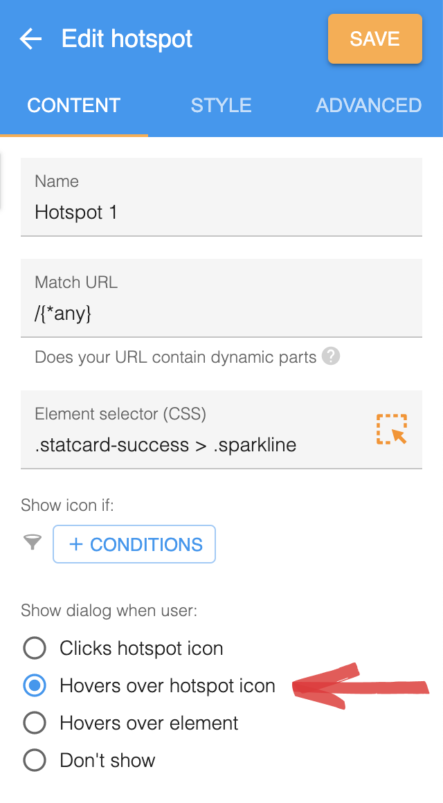 The HelpHero hotspot editor showing the show dialog when user options, with Hovers over hotspot icon selected among choices for clicking the icon, hovering the element, and not showing