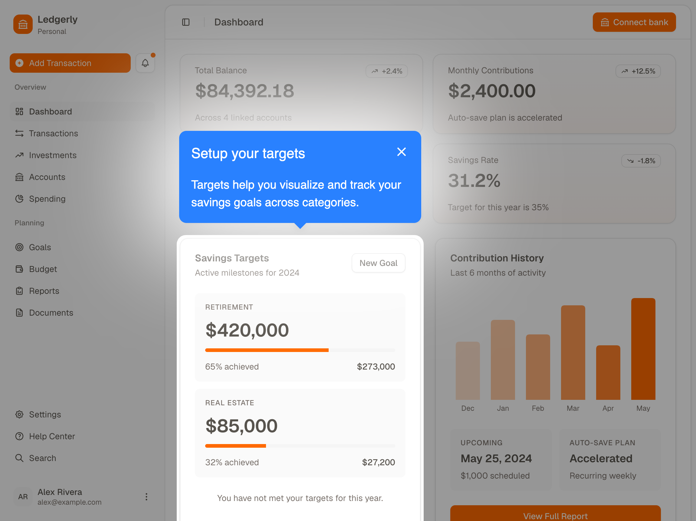 A HelpHero tour step anchored to the Savings Targets card on a demo personal finance dashboard, with that card left lit while the rest of the page is dimmed