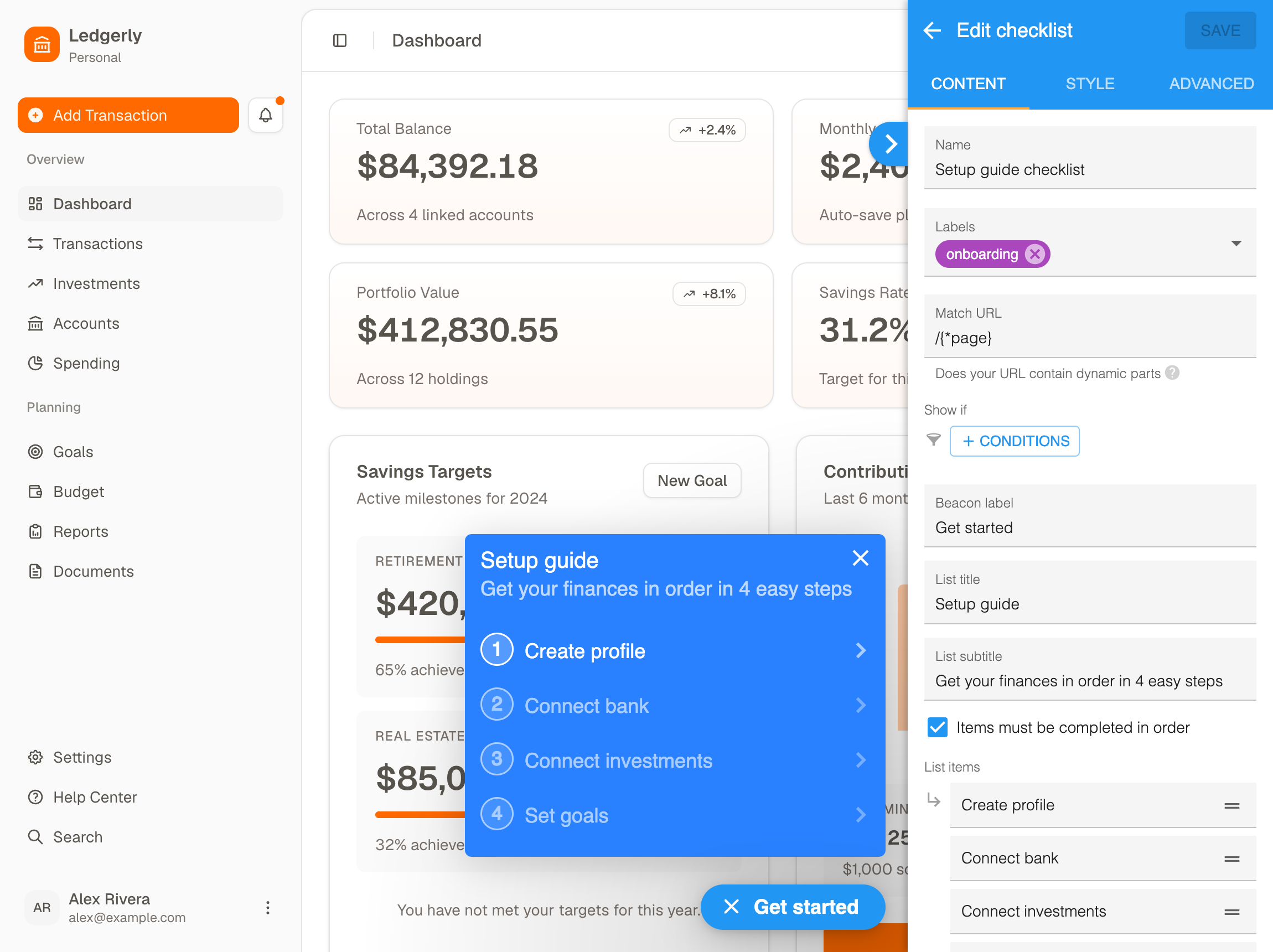The HelpHero editor building a Setup guide checklist from four named steps, with the finished checklist showing over a demo personal finance dashboard