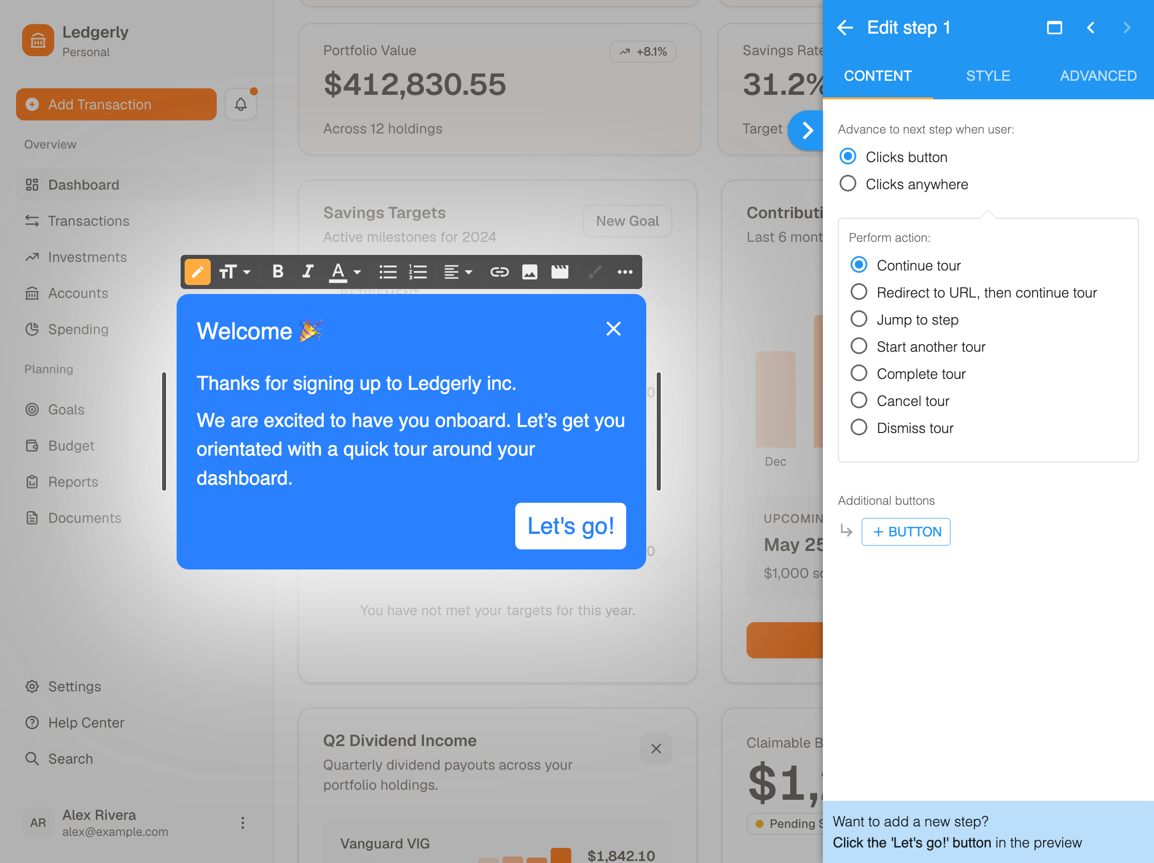 The HelpHero step editor over a demo personal finance dashboard, with a rich text toolbar on the step itself and no-code options for what the button does next
