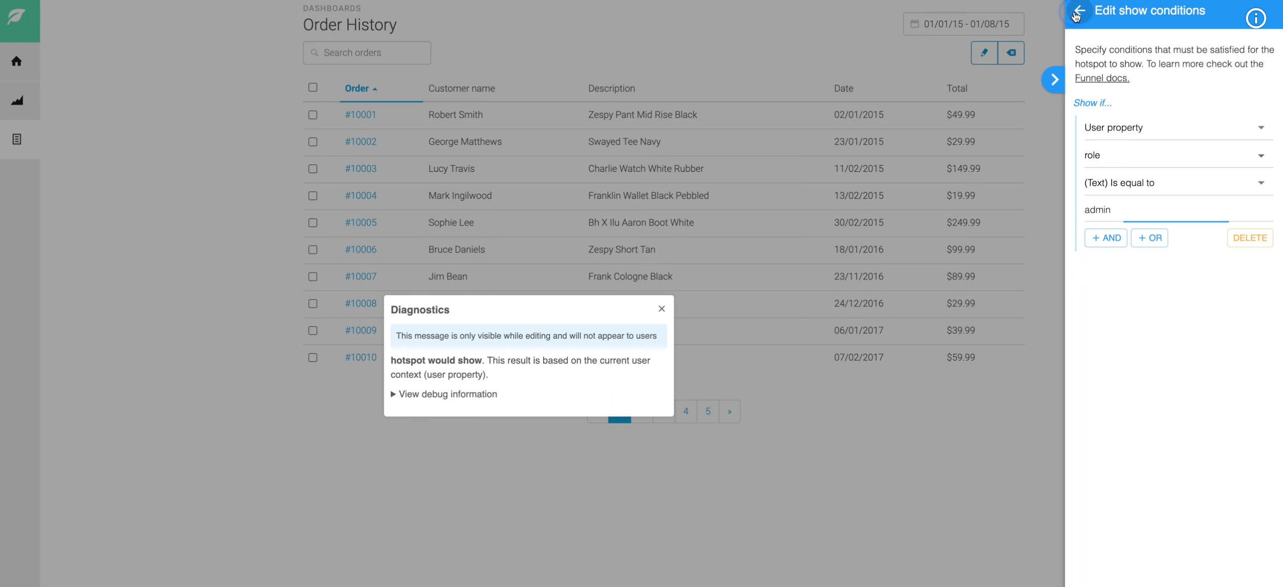 HelpHero show conditions targeting a user property, with role set to equal admin