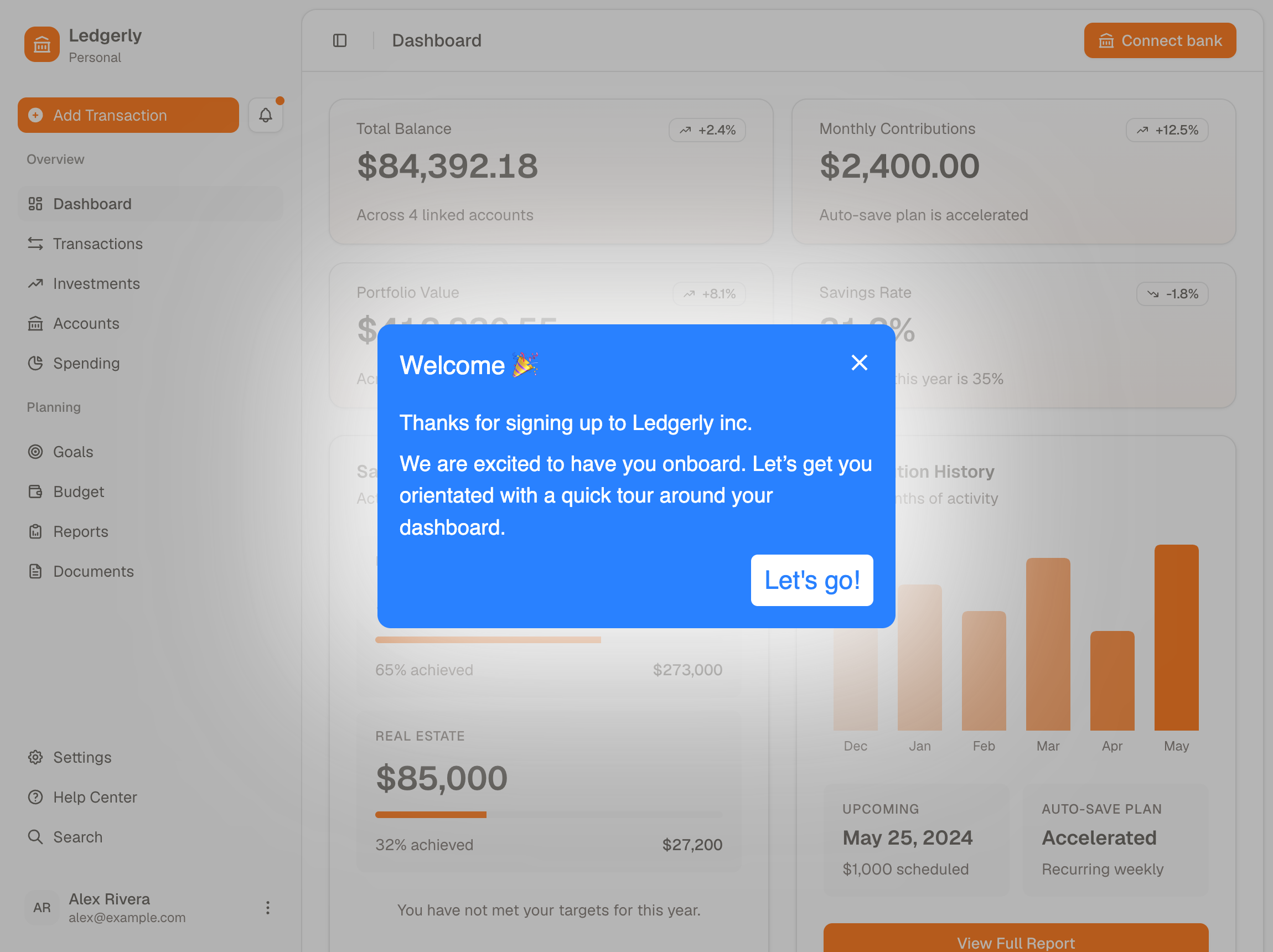 A HelpHero welcome step centred over a demo personal finance dashboard, thanking a new user for signing up and offering a Let’s go button to begin the tour