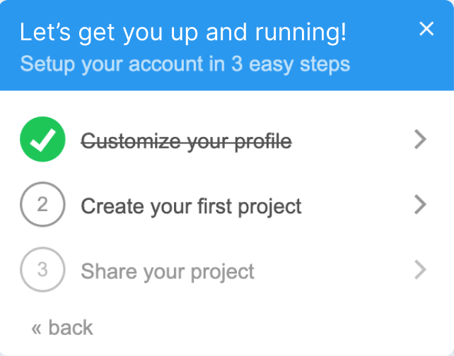 A HelpHero onboarding checklist headed Let's get you up and running, with the first step struck through as complete and two further steps listed below it