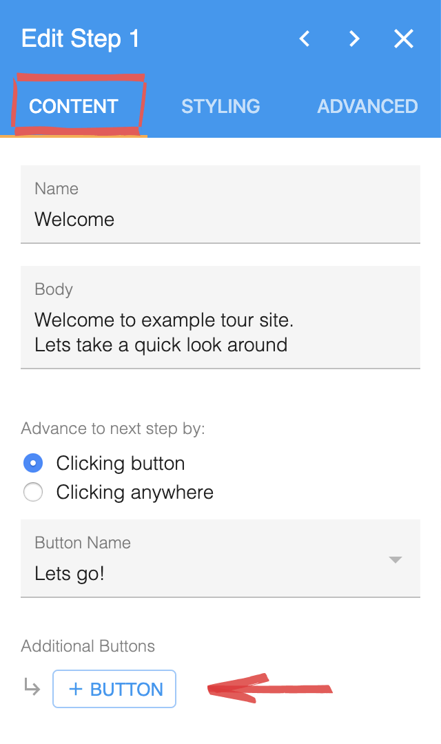 The Content tab of a tour step, with an arrow pointing at the Button control under Additional Buttons