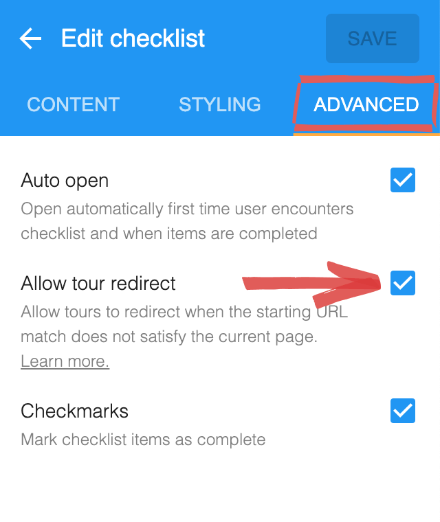 The Advanced tab of a checklist, with Allow tour redirect ticked