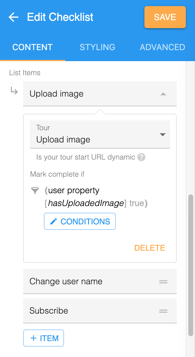 A checklist item set to mark complete when the hasUploadedImage user property is true