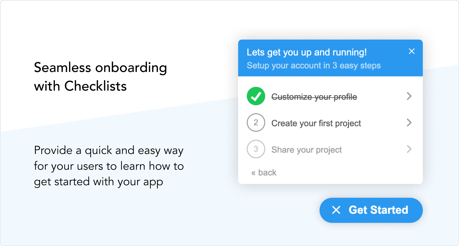 A checklist widget headed “Lets get you up and running”, with three setup steps and the first ticked off