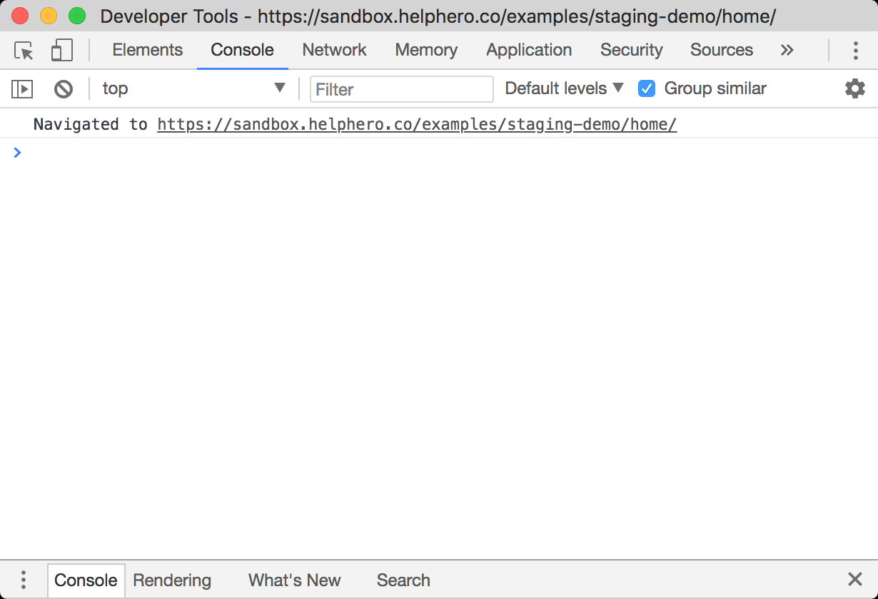 An empty Chrome developer tools Console tab, showing only the page it navigated to