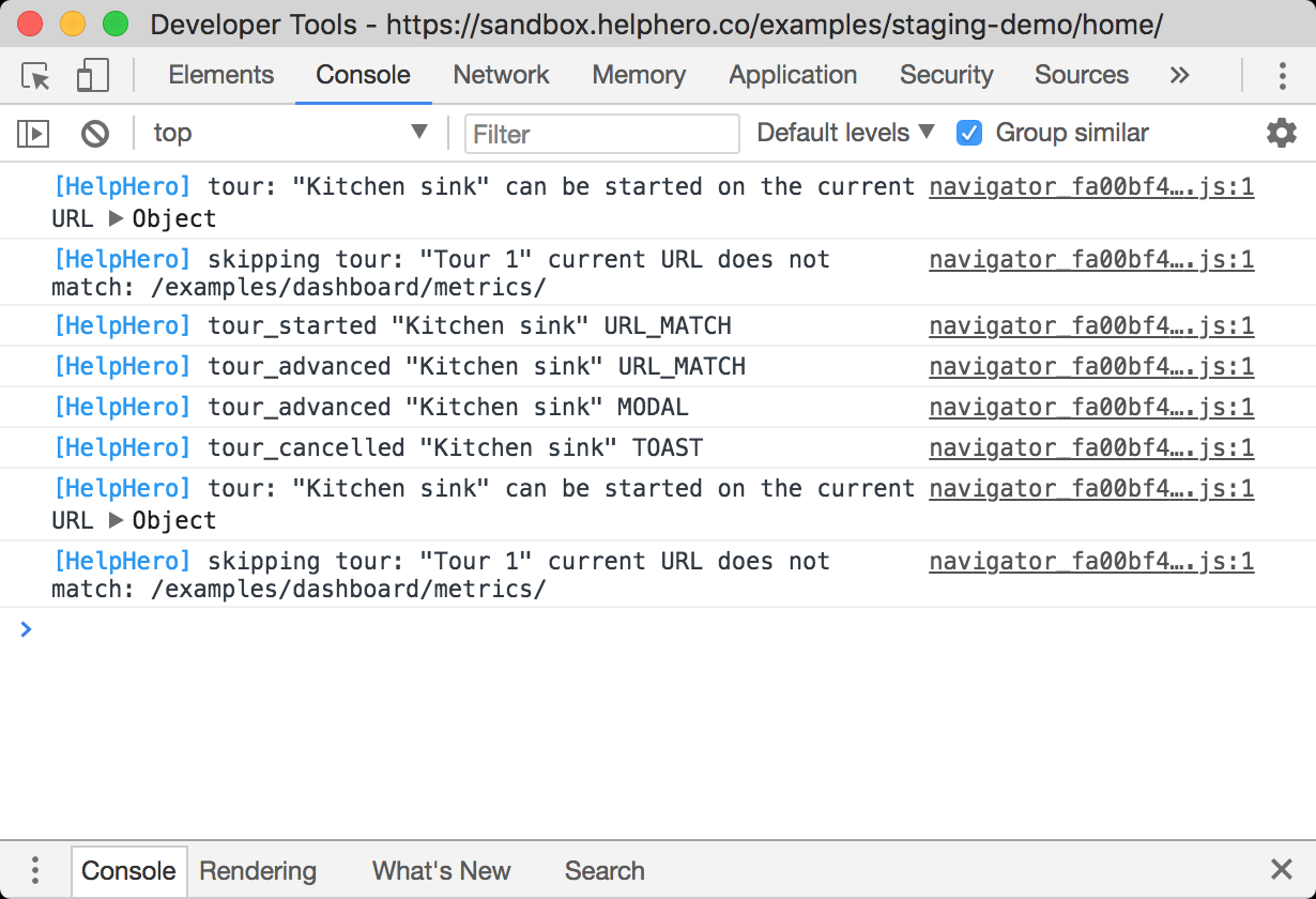 The Console filled with HelpHero entries, each prefixed [HelpHero], reporting tours started, advanced and skipped