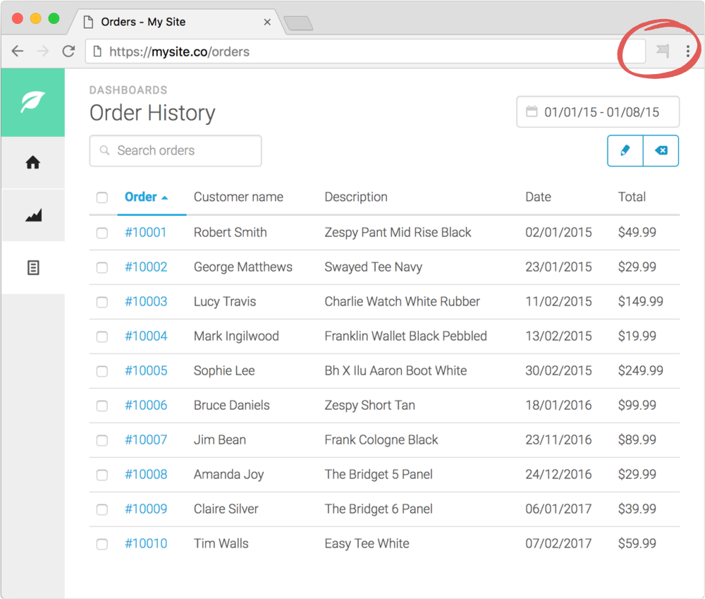 The same site with the HelpHero toolbar icon circled at the top right of Chrome