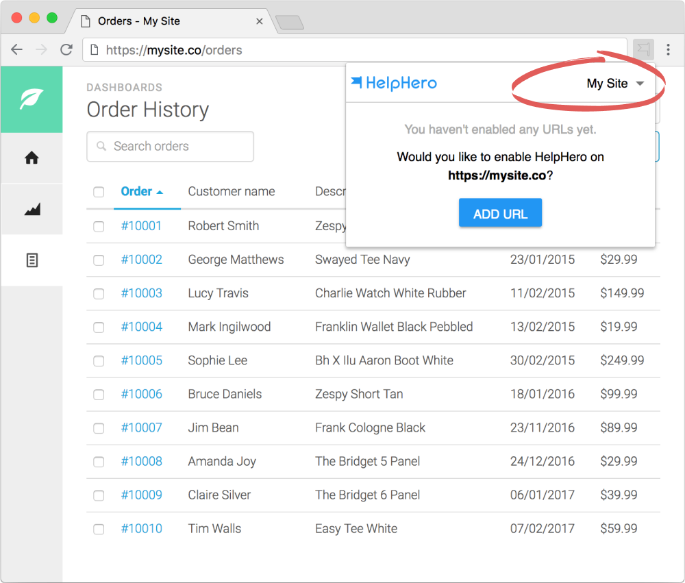 The same popup with the app selector, reading My Site, circled in the top right