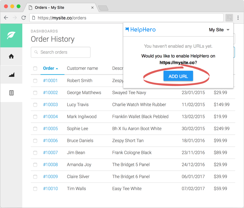 The HelpHero popup offering to enable HelpHero on the current site, with ADD URL circled