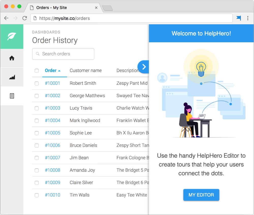 The HelpHero Editor open in a panel down the right of the site, headed Welcome to HelpHero