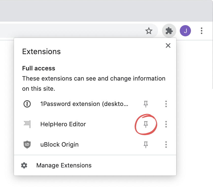 The Chrome extensions menu with the pin icon beside HelpHero Editor circled