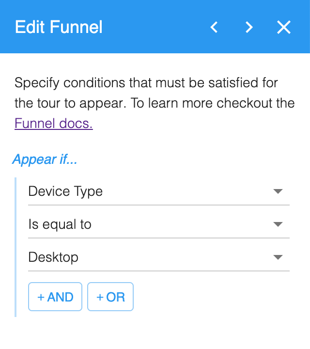 Edit Funnel set to appear if Device Type is equal to Desktop