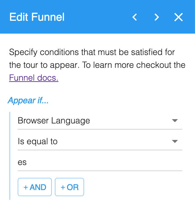 Edit Funnel set to appear if Browser Language is equal to es