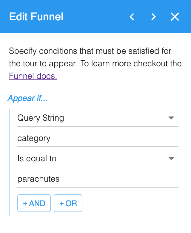 Edit Funnel set to appear if the category query string parameter is equal to parachutes