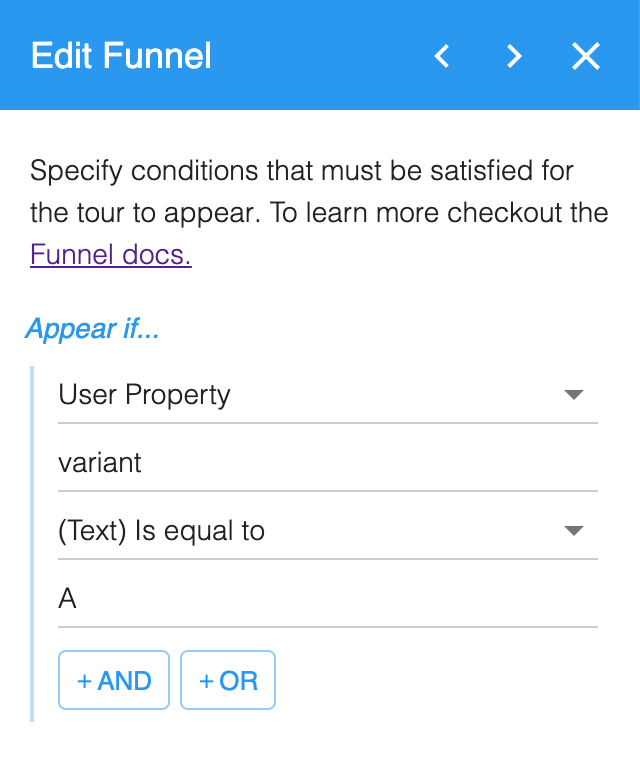 Edit Funnel set to appear if the variant user property is the text A
