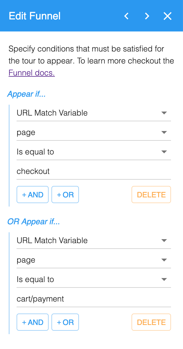 Edit Funnel with two conditions: the page URL match variable equals checkout, or it equals cart/payment
