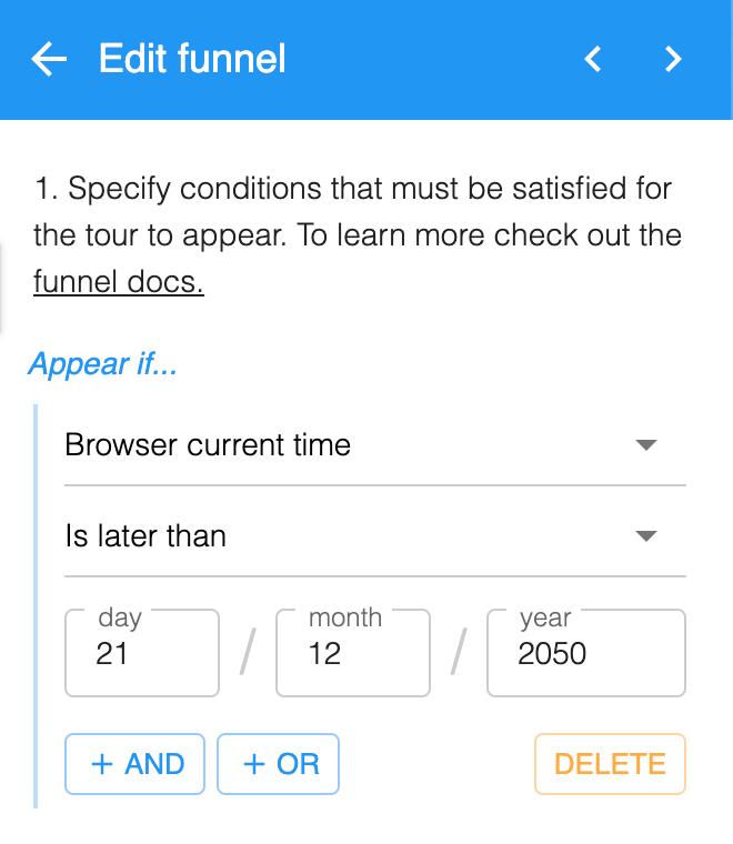 Edit Funnel set to appear if the browser current time is later than 21 December 2050