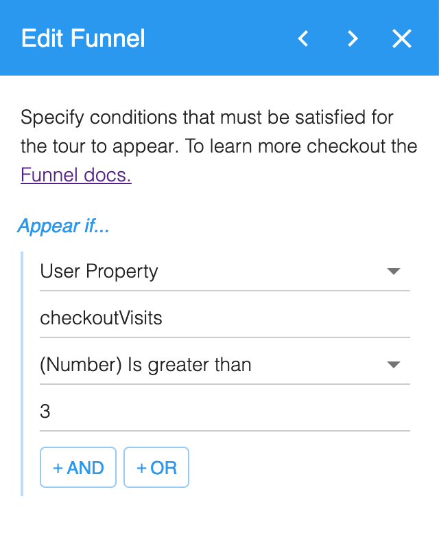 Edit Funnel set to appear if the checkoutVisits user property is a number greater than 3