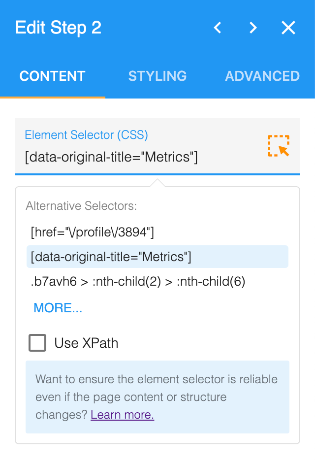 A step's Element Selector field expanded to list alternative selectors, one highlighted