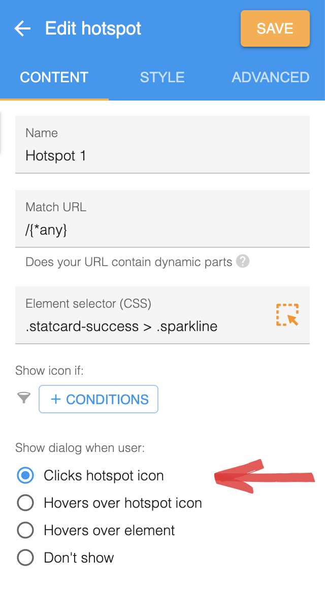 A hotspot set to Clicks hotspot icon under Show dialog when user, with an arrow pointing at it