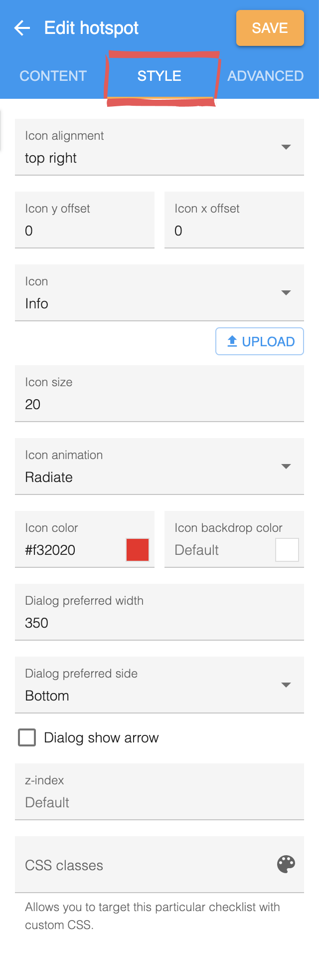 The Style tab of a hotspot, highlighted, with icon alignment, size, animation and colour fields