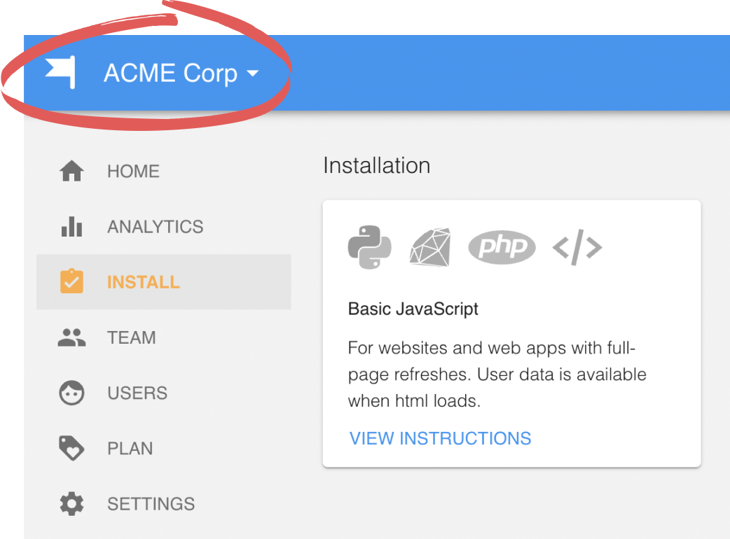 The HelpHero dashboard on the Install page, with the app name in the top bar circled