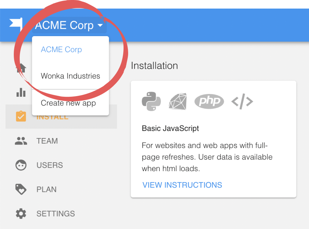 The app menu open, listing two HelpHero apps and a Create new app option