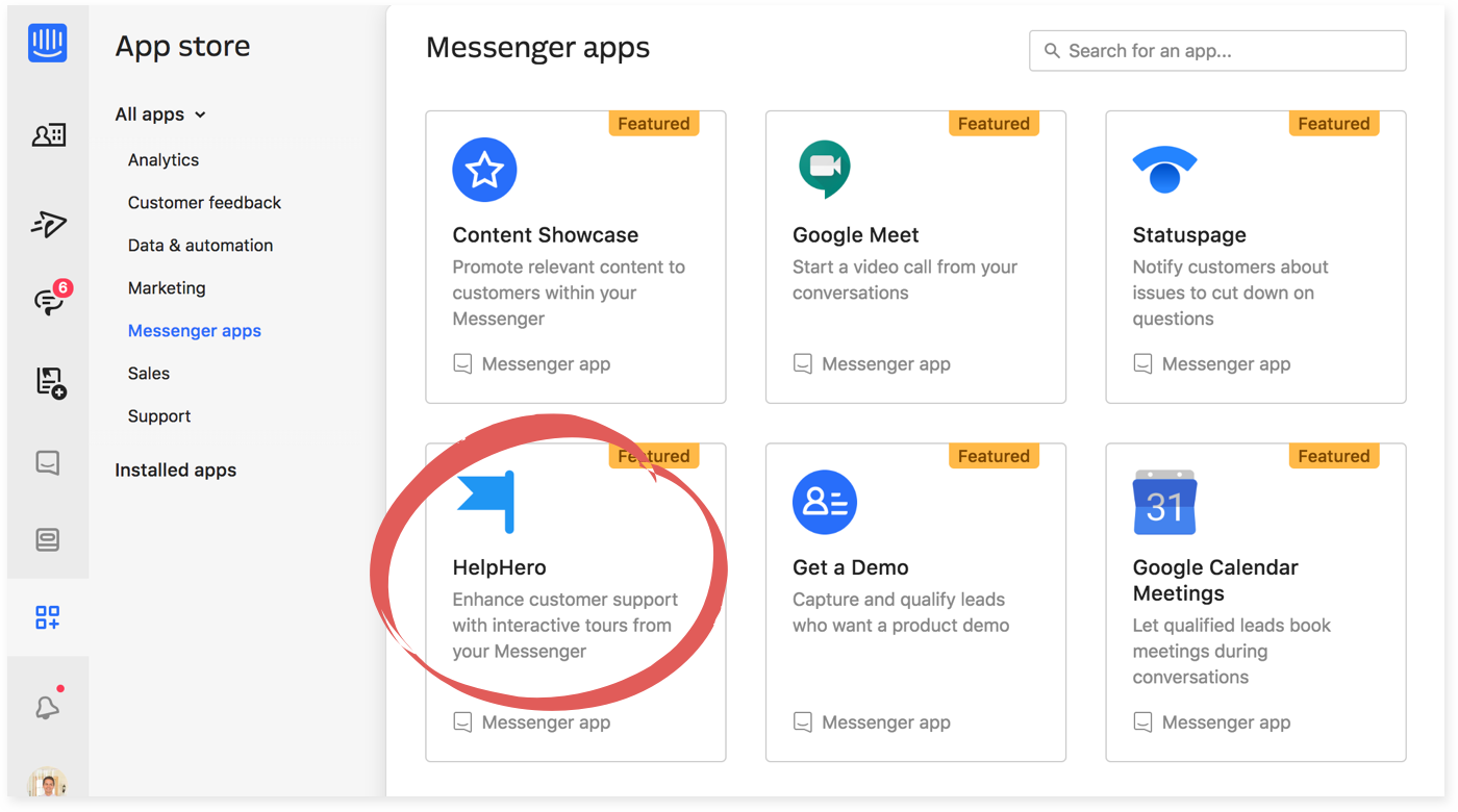 The Intercom app store Messenger apps listing, with the HelpHero app circled