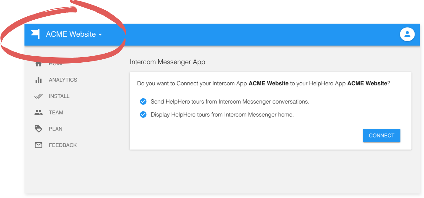 The HelpHero prompt to connect an Intercom app, with the app name in the top bar circled