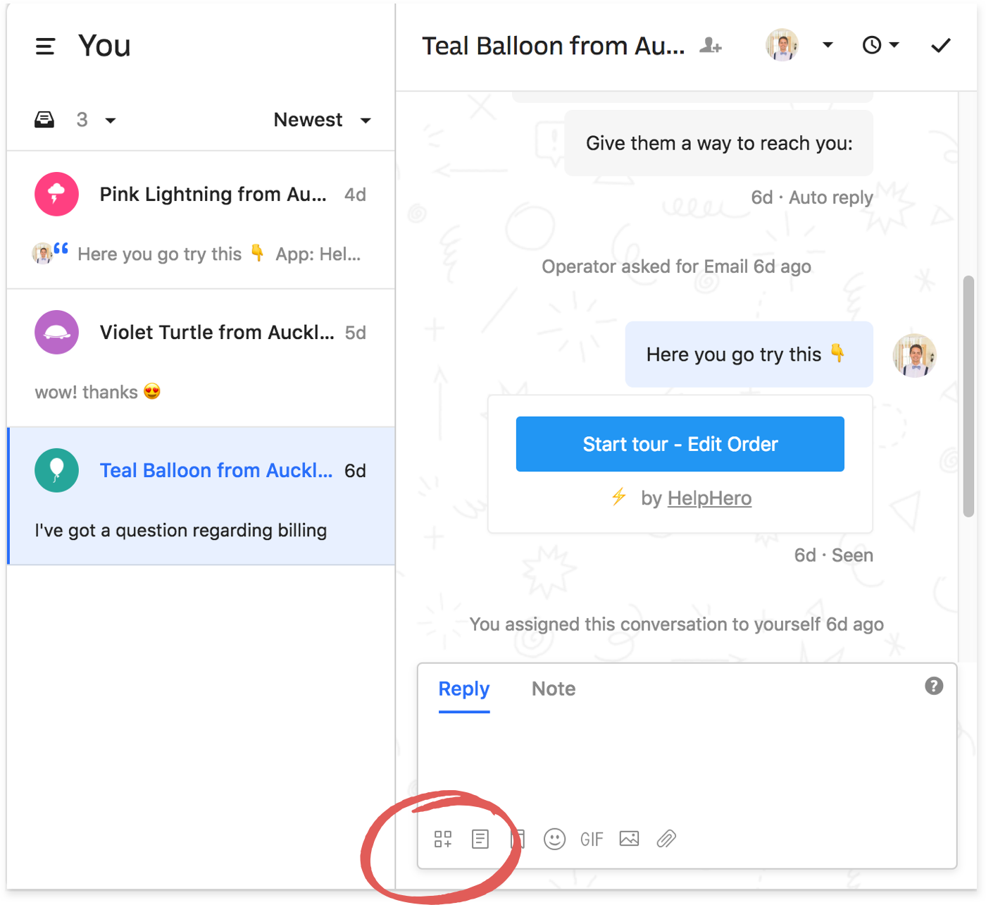 An Intercom inbox conversation, with the apps icon below the reply box circled
