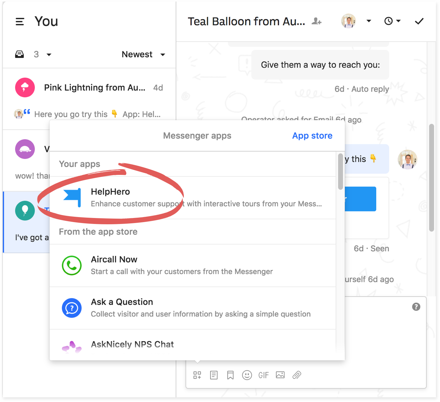 The Messenger apps menu open in the inbox, with HelpHero circled under Your apps