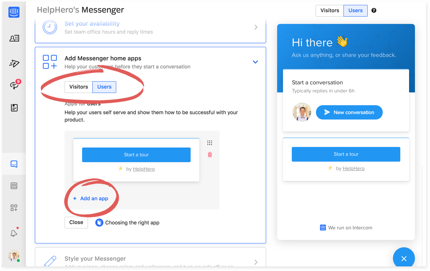 The Intercom Messenger home settings, with the Users tab and Add an app circled