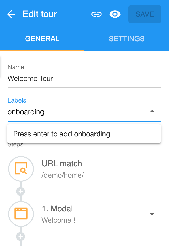 The Labels field on a tour, with onboarding typed and a prompt to press enter to add it