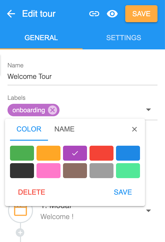 A label opened for editing, showing a colour palette with Delete and Save