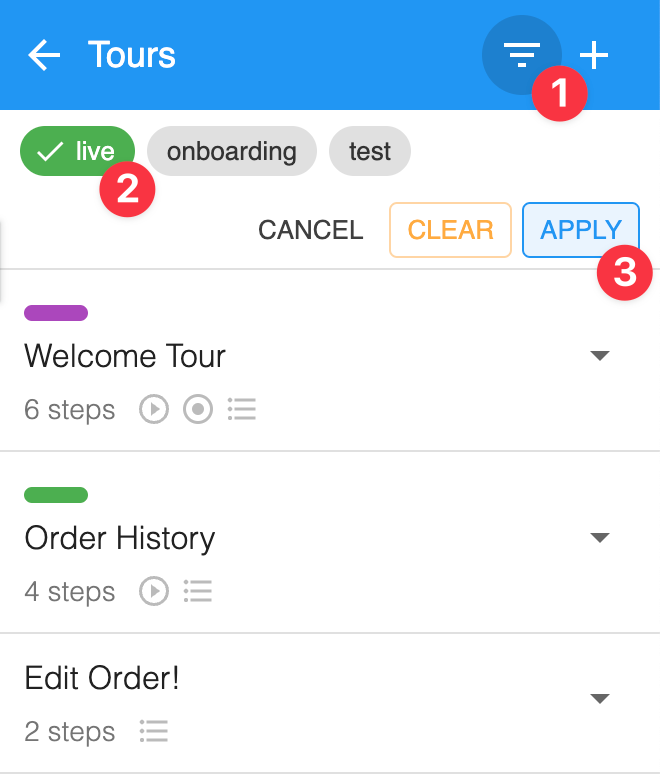 The Tours list filtered by label, numbering the filter icon, the label chips and Apply