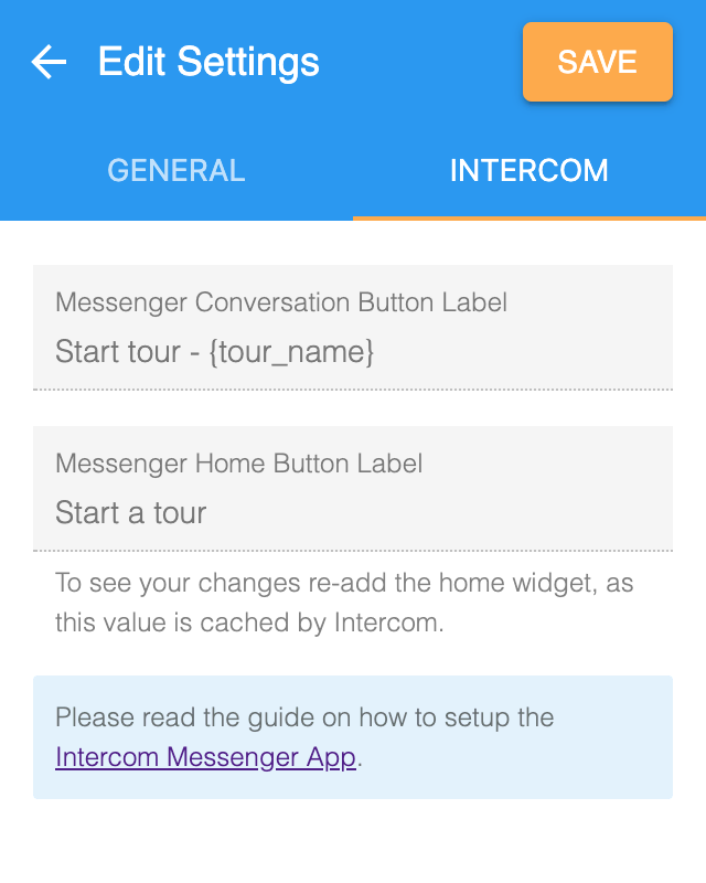 The Intercom settings tab, with editable labels for the conversation and home buttons
