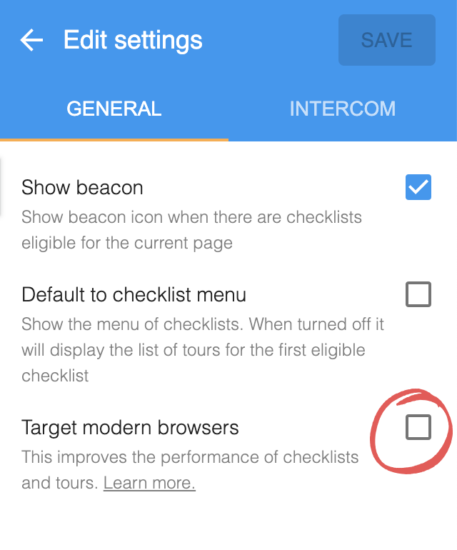 The General settings tab with the Target modern browsers checkbox circled and cleared