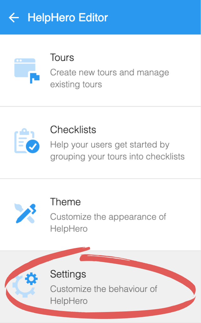 The HelpHero Editor menu with Settings circled at the bottom