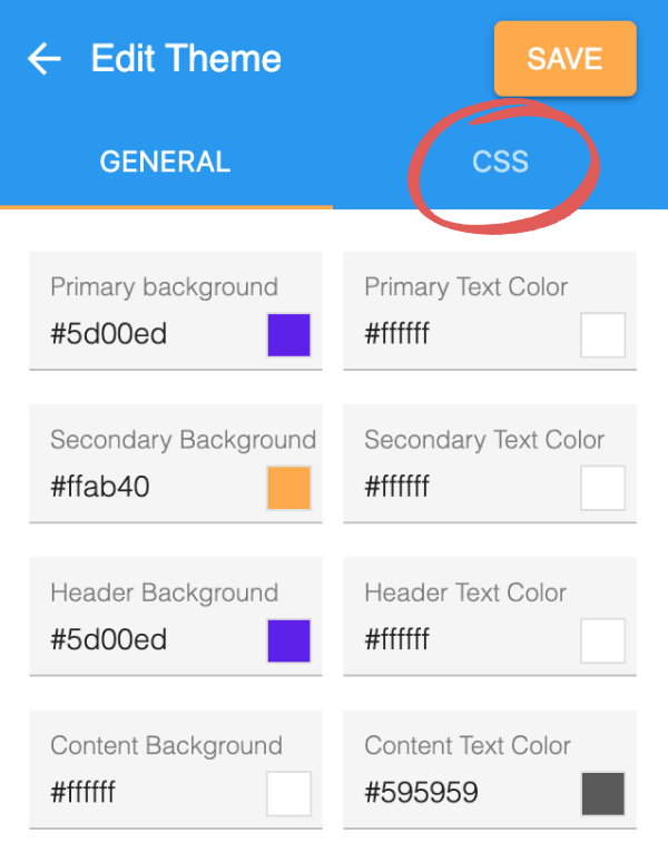 The Edit Theme panel with the CSS tab circled beside General