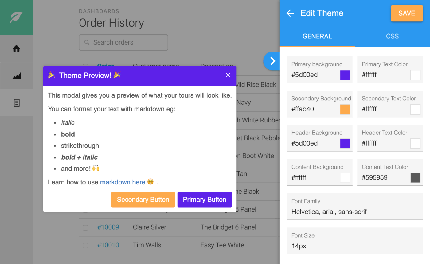 The Edit Theme panel beside a live tour preview, showing colour, font and size fields