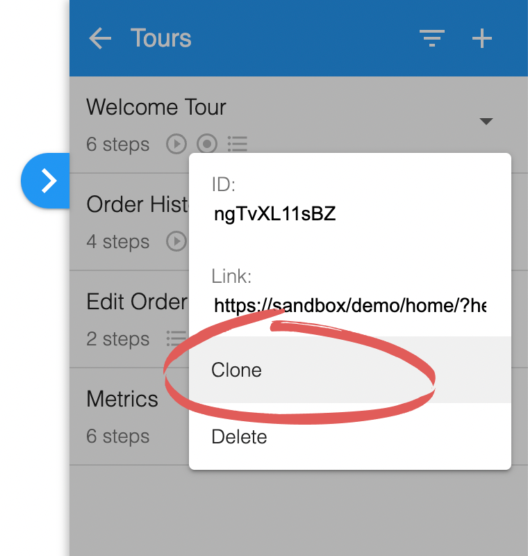 The tour Options menu open, with Clone circled below ID and Link