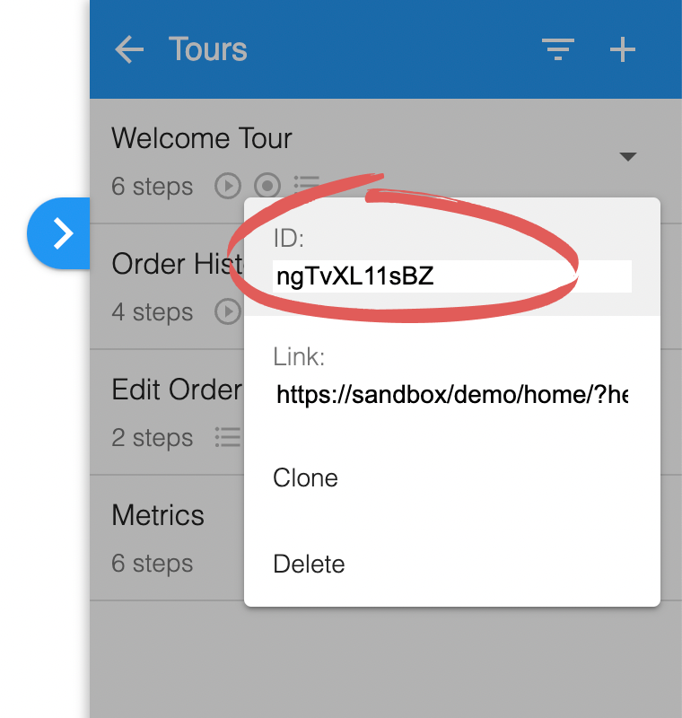 The tour Options menu open, with the ID field circled above Link, Clone and Delete