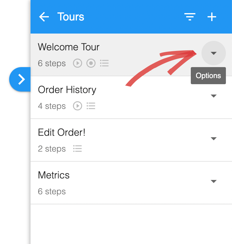 The Tours list in the Editor, with an arrow pointing at the Options arrow beside a tour