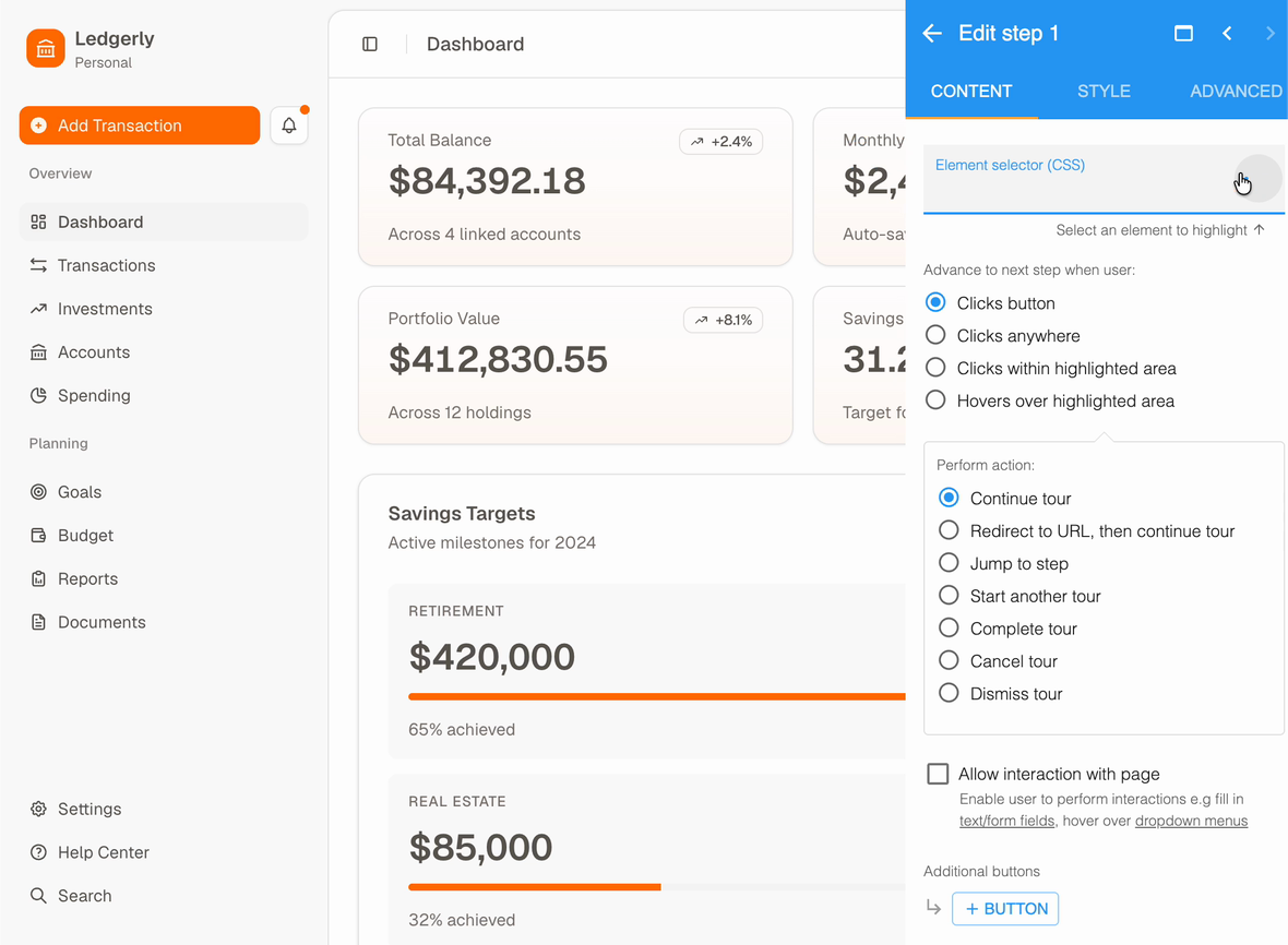 A HelpHero walkthrough being built in the step editor over a demo personal finance dashboard, with each step attached to the control it describes